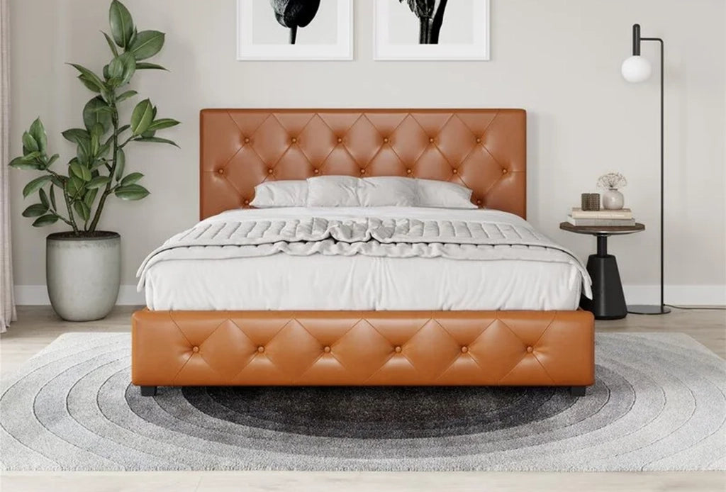 Front view Camel Antique Leather Platform Bed, crafted for comfort and style, perfect for creating a cozy bedroom