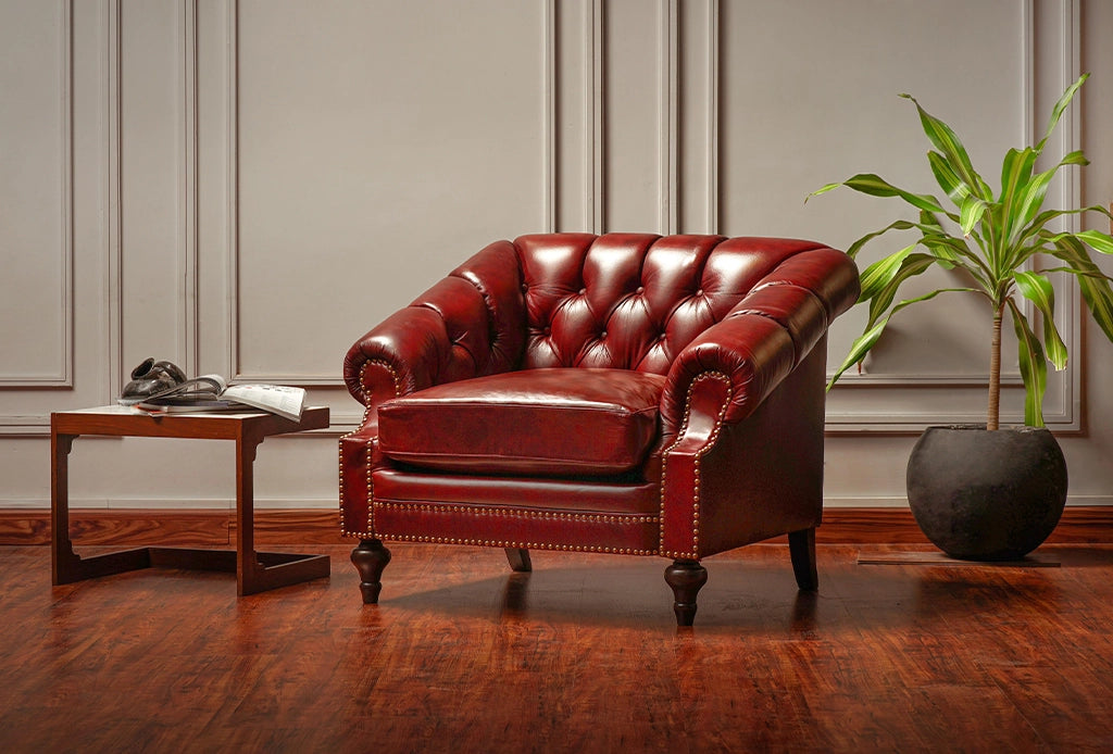 Vintage Leather Chesterfield Armchair, classic design with tufted details, perfect for modern interiors.
