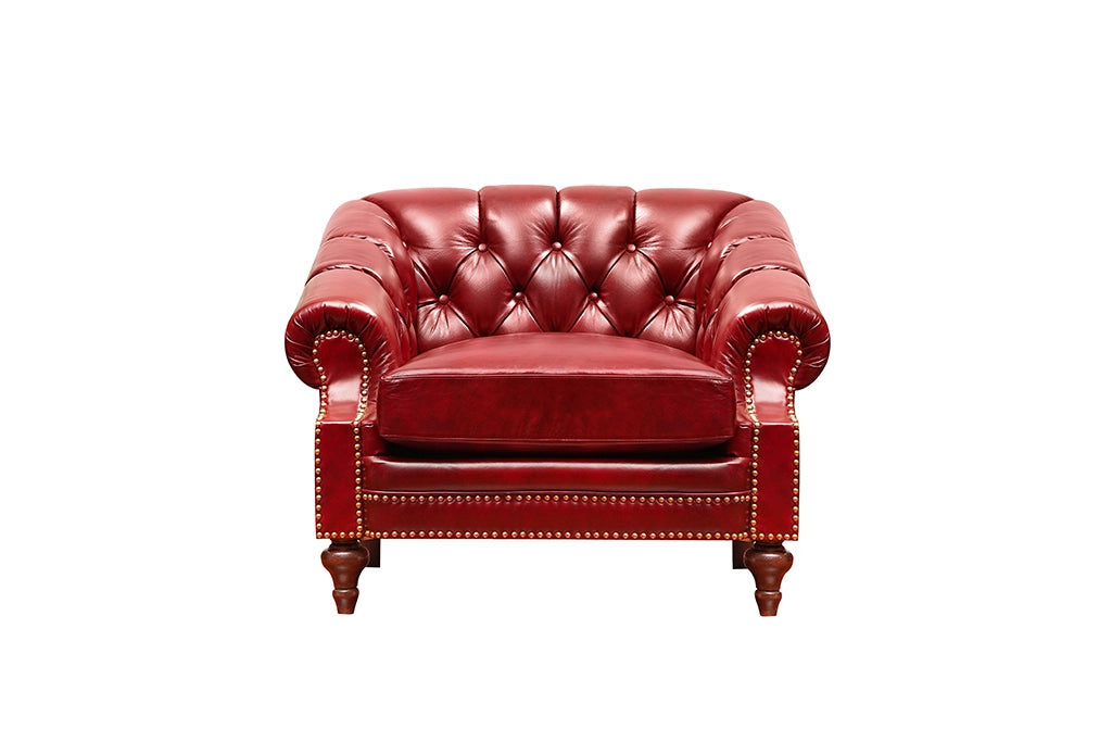 Full view Vintage Leather Chesterfield Armchair, classic design with tufted details, perfect for modern interiors.
