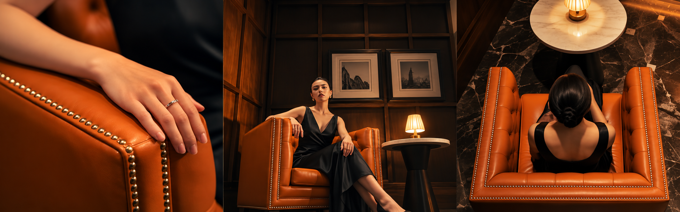 Cognac leather armchair campaign, three complementary furniture perspectives